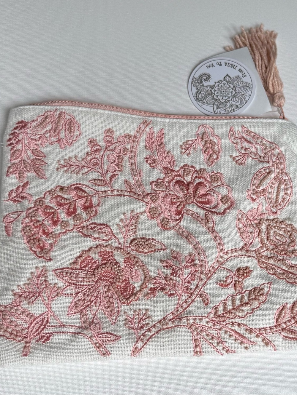 Embroidered Floral Pink and Cream Zip Pouch